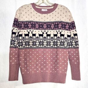 Shrinking Violet Rose Plum Reindeer Fair Isle Long Sleeve Preppy Knit Sweater